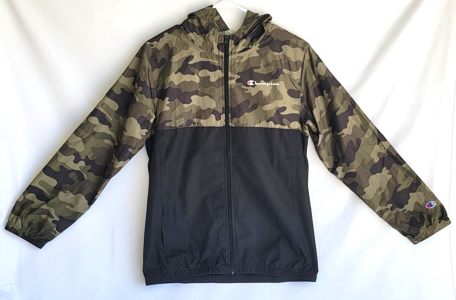 Champion Hooded Green Camo Jacket Half Black Size L